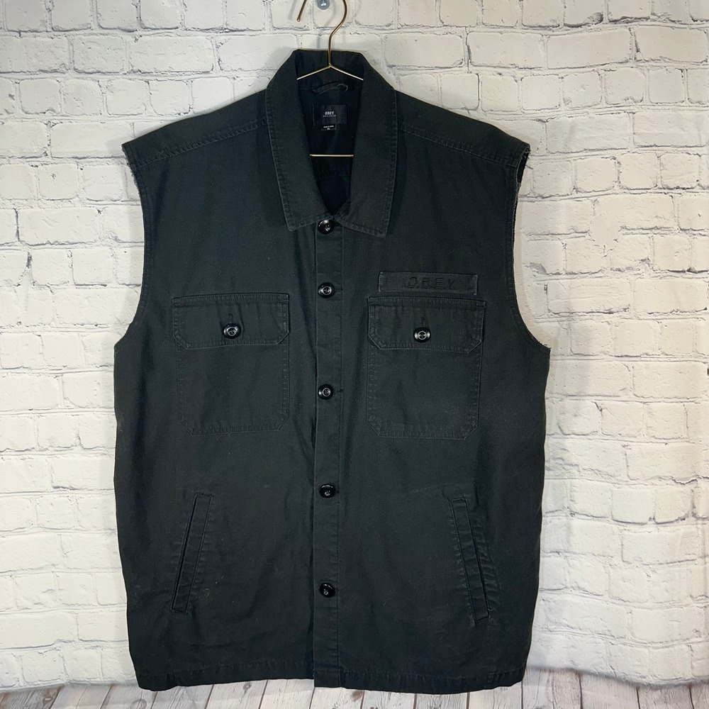 Obey Worldwide Mens Black Canvas Button Up Utility Workwear Vest XL